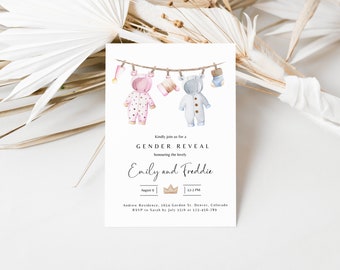 Boho Gender Reveal Invitation, Editable Gender Reveal Invite Template, Vintage Baby Clothes Gender Reveal Instant Download, Neutral Baby