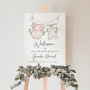 Boho Gender Reveal Welcome Sign, Greenery Editable Gender Reveal Sign Template, Vintage Baby Clothes Gender Reveal Welcome Sign Templett