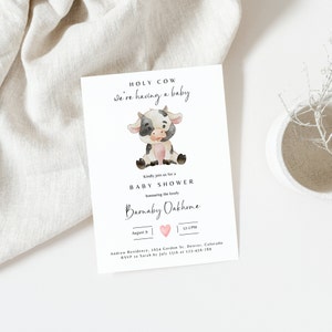Convite editável para chá de bebê Boho Cow, convite para chá de bebê Pink Holy Cow, modelo de convite para chá de bebê Girl Cow Boho, download instantâneo
