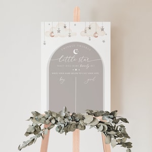 Modèle de tableau Twinkle Twinkle Little Star, lune et étoiles, nuages beiges, que sera bébé, tableau de devinettes du genre, jeu de révélation du genre