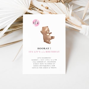 Afdrukbare baby meisje halve verjaardagsuitnodiging, 6 maanden roze beer ballon verjaardagsuitnodiging, Boho Girl 1/2 verjaardagsuitnodiging, halverwege één