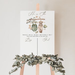 Editable Boho Gender Neutral Reveal Invitation, Vintage Baby Clothes What Will Baby Be Sign, Gender Guess Board He or She Gender Reveal Game