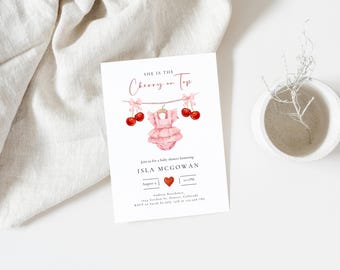 Baby Shower Invitation, Cherry on top Invite, Coquette Pink Bow Berries Digital Pink Bow Invite, Editable Cherry on Top Baby Shower Template