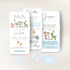 May include: Three smartphone screens showing baby shower invitations with a Toy Story theme. The invitations feature cartoon characters, text, and a countdown timer. The colour scheme includes blue, white, and yellow.
