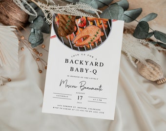 Invitación para baby shower con barbacoa: Baby-Q en el patio, género neutro (plantilla imprimible)