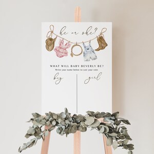 Editable Boho Gender Reveal Guessing Game Template, Vintage Baby Clothes What Will Baby Be Sign, He or She Gender Reveal Game