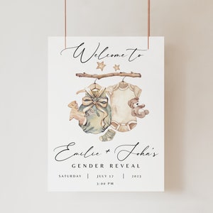 Boho Gender Reveal Welcome Sign, Editable Gender Reveal Sign Template, Vintage Baby Clothes Gender Reveal Welcome Sign Templett