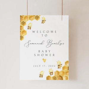 Letrero de bienvenida para baby shower, cartel de bienvenida con diseño de abeja de miel, póster de bienvenida con forma de panal de abeja, centro de mesa para baby shower, descarga instantánea imprimible