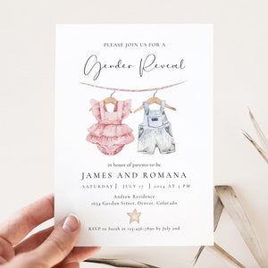 Faire-part de révélation de genre Boho, modèle d'invitation de révélation de genre modifiable, téléchargement immédiat de vêtements de bébé vintage, téléchargement immédiat, bébé neutre