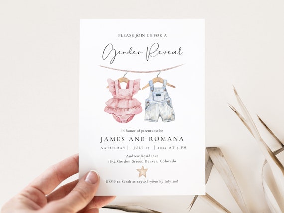 Boho Gender Reveal Invitation, Editable Gender Reveal Invite Template, Vintage Baby Clothes Gender Reveal Instant Download, Neutral Baby