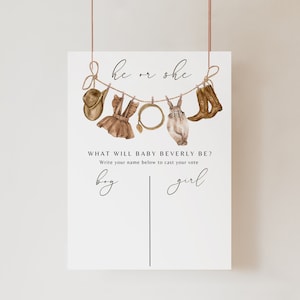 Editable Boho Gender Neutral Reveal Invitation, Vintage Baby Clothes What Will Baby Be Sign, Gender Guess Board He or She Gender Reveal Game