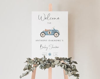 Baby Shower Welcome Sign Template. Vintage Race Car Baby Shower Welcome Sign Editable Race Car Little Racer Boy, Instant Download Balloon