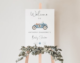 Baby Shower Welcome Sign Template. Vintage Race Car Baby Shower Welcome Sign Editable Race Car Little Racer Boy, Instant Download Balloon