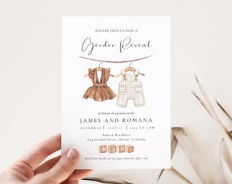 May include: A gender reveal invitation with watercolor illustrations of baby clothes hanging on a clothesline. The invitation includes the text "Gender Reveal", the names "JAMES AND ROMANA", and event details.