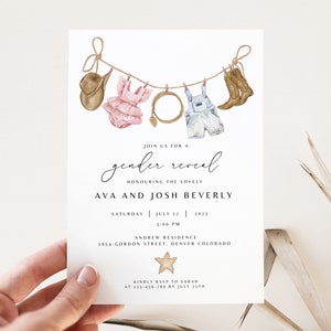 Boho Gender Reveal Invito, Cowboy Gender Reveal Rustic Invito, Modello Modificabile Abiti Vintage Wild West Stampabile Western Templett