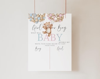 Bear Gender Guessing Board,  Gender Reveal Games Party Sign, Printable He or She Teddy Balloons Theme, Editable Baby Shower Decor