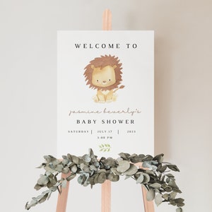 Plantilla de signo de bienvenida de baby shower de león editable de Greenery, signo de baby shower de león safari imprimible, león de género neutro, descarga instantánea