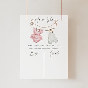 Editable Boho Gender Neutral Reveal Invitation, Vintage Baby Clothes What Will Baby Be Sign, Gender Guess Board He or She Gender Reveal Game