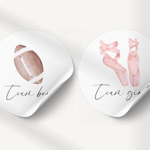 Puede incluir: Dos pegatinas redondas blancas. Una presenta un balón de fútbol de acuarela con el texto "Team boy". La otra muestra zapatillas de ballet rosas con el texto "Team girl".