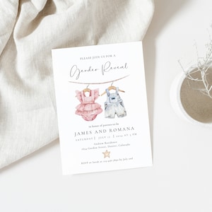 May include: A gender reveal invitation with a pink and blue outfit hanging on a clothesline. The invitation reads "Please join us for a Gender Reveal" and includes the names "James and Romana", the date "Saturday, July 1st, 2024 at 1 PM", and the address "1614 Garden Street, Denver, Colorado".