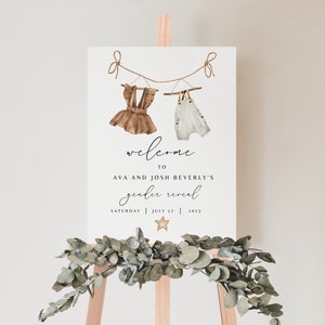 Boho Gender Reveal Welcome Sign, Editable Gender Reveal Sign Template, Vintage Baby Clothes Gender Reveal Welcome Sign Templett