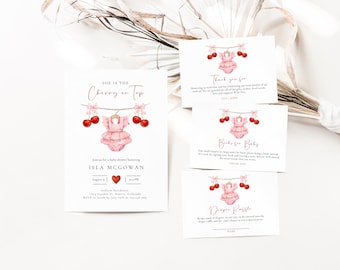 Paquete de baby shower con temática de cerezas, libros para bebé, invitación para rifa de pañales con cerezas en la parte superior, paquete digital con bayas y lazo rosa de Coquette, plantilla editable.