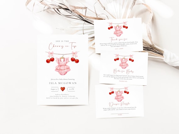 Cherry Baby Shower Bundle, Books for Baby, Diaper Raffle Cherry on top Invite, Coquette Pink Bow Berries Digital Bundle, Editable Template