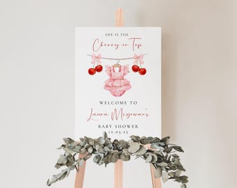 Baby Shower Welcome Sign, Cherry on top Sign, Coquette Pink Bow Berries Digital Pink Bow Sign, Editable Cherry on Top Welcome Sign Template