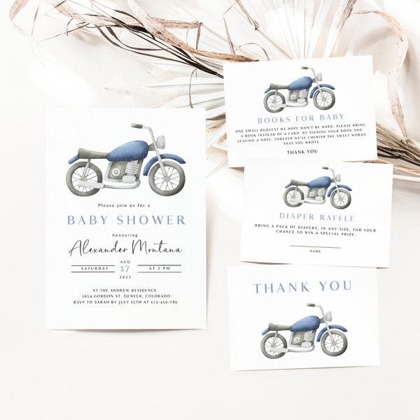 Motorcycle Baby Shower Invitation Bundle, Baby Boy Shower Invite, Biker Baby Shower Boys Digital Printable Instant Download, Motorbike