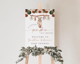 Petite citrouille de bienvenue pour baby shower | Décoration d'automne pour baby shower | Modèle modifiable | Panneau rustique de baby shower d'automne imprimable