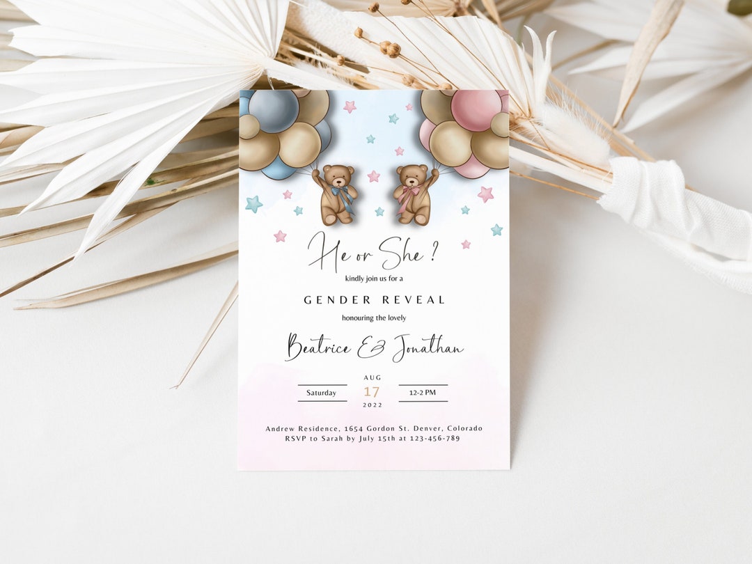 Boho Bear Gender Reveal Invitation Template: Editable He or She ...