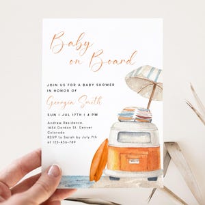 Baby on Board Invitation Surf Beach Baby Shower Editable Invitation Template, Summer Baby Shower Printable Invite Shower Evite, Retro Invite