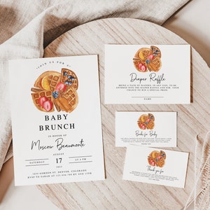 Baby-Brunch-Einladungspaket, Boho-bearbeitbare Waffel-Beeren-Babyparty-Einladung, druckbare geschlechtsneutrale Einladung, Bücher für Baby, Verlosung