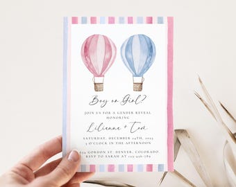 Gender Reveal Invitation Template, Boy or Girl Pink Blue Hot Air Balloon, Adventure Awaits Gender Reveal Invite, He or She Baby Shower