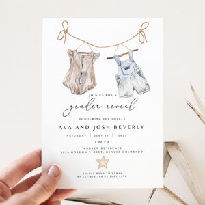 Boho Gender Reveal Einladung, bearbeitbare Gender Reveal Invite Vorlage, Vintage Baby Kleidung Gender Reveal Einladung Templett