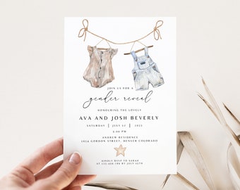 May include: A gender reveal party invitation with a watercolor illustration of two baby onesies hanging on a clothesline. The text reads "Join us for a gender reveal honoring the lovely Ava and Josh Beverly, Saturday, July 17, 2023, 3:00 PM, Andrew Residence, 1654 Gordon Street, Denver Colorado. Kindly RSVP to Sarah at 123-456-789 by July 15th."
