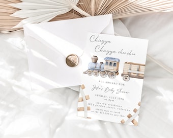 Watercolor Train Baby Shower Invitation: Blue Train Design (Digital Download)