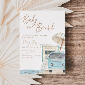 Baby on Board Invitation Surf Beach Baby Shower Editable Invitation Template, Summer Baby Shower Printable Invite Shower Evite, Retro Invite