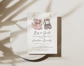 Boho Gender Reveal Invitation, Editable Gender Reveal Invite Template, Vintage Baby Clothes Gender Reveal Instant Download, Neutral Baby