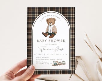 Invitación editable para baby shower de Polo Teddy, cuadros clásicos neutros, diseño ecuestre de tartán, osito de peluche Lauren, plantilla editable, Canva