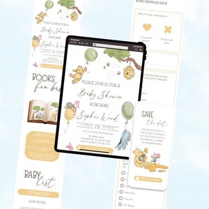 May include: A digital baby shower invitation suite featuring Winnie the Pooh characters, including a tablet displaying the invitation, a mobile phone with a save the date, and a printed RSVP card, all decorated with soft watercolor illustrations.