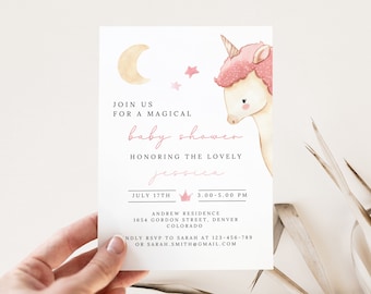May include: A pink and white unicorn with a gold crown and a crescent moon with stars in the background. The text on the invitation reads "Join us for a magical baby shower honoring the lovely Jessica. July 17th 3:00-5:00 PM Andrew Residence 1654 Gordon Street, Denver Colorado. Kindly RSVP to Sarah at 123-456-789 or sarah.smith@gmail.com"