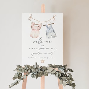 Boho Gender Reveal Welcome Sign, Editable Gender Reveal Sign Template, Printable Vintage Baby Clothes Gender Reveal Welcome Sign