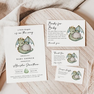 Un pequeño dragón está en camino, invitación editable de baby shower de dragón, paquete de ducha de parejas neutrales de género imprimible, ducha temática de dragón