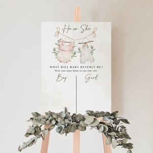Boho Gender Guessing Board, Editable Vintage Baby Clothes What Will Baby Be Sign, Gender Guess Board, He or She Gender Reveal Game, Digital