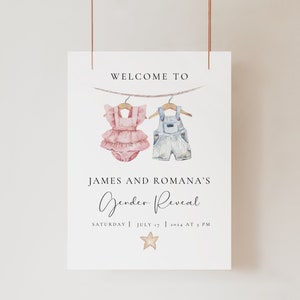Boho Gender Reveal Welcome Sign, Editable Gender Reveal Sign Template, Printable Vintage Baby Clothes Gender Reveal Welcome Sign