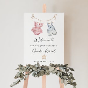 Boho Gender Reveal Welcome Sign, Editable Gender Reveal Sign Template, Printable Vintage Baby Clothes Gender Reveal Welcome Sign