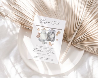 May include: A gender reveal invitation with the text "Boy or Girl" at the top. The invitation features watercolor illustrations of baby clothes, an elephant, and a teddy bear. The names "Emilie + John" are written below the illustrations, along with the date and time.
