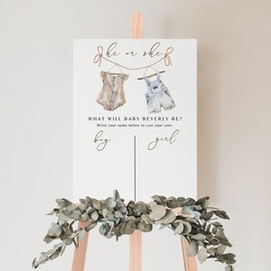 Invitation de révélation de genre neutre Boho modifiable, vêtements de bébé vintage What Will Baby Be Sign, Gender Guess Board He ou She Gender Reveal Game