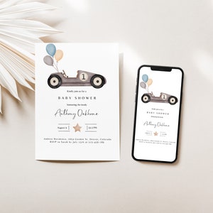 Baby shower uitnodiging sjabloon, vintage race auto baby shower uitnodigen, bewerkbare race auto uitnodigen kleine racer jongen, Instant Download ballon